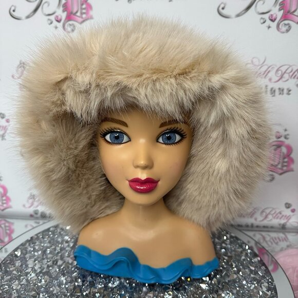 Fur bucket hat furry fuzzy beige blonde Russian style touque winter adjustable